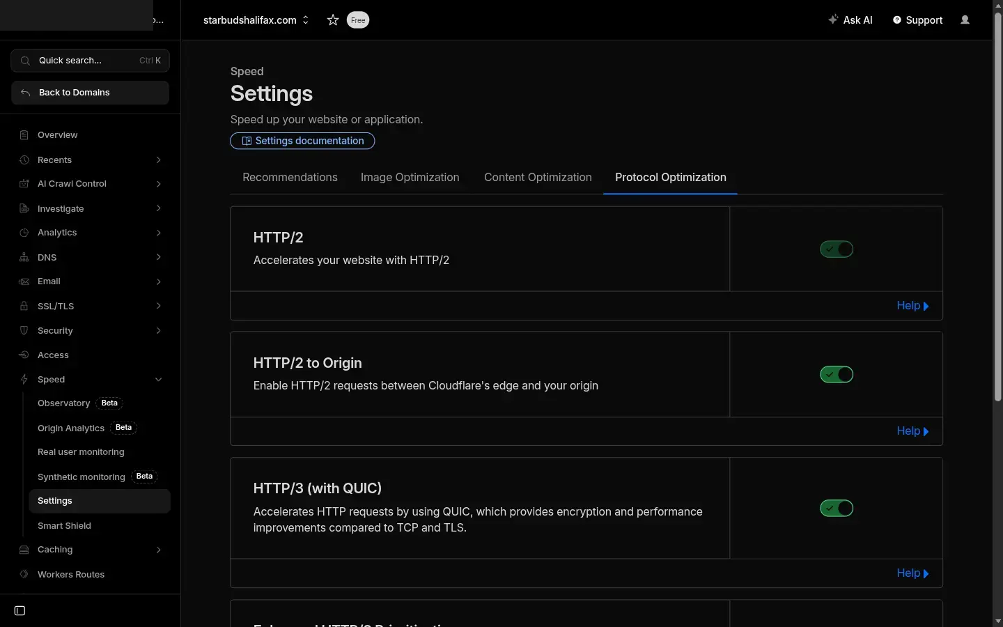 Cloudflare Speed Settings Protocol Optimization tab showing HTTP/2 and HTTP/3 with QUIC toggles both enabled