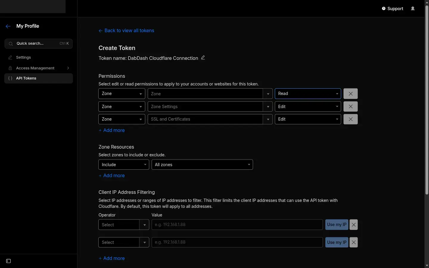 Cloudflare Create Token page pre-filled with the name DabDash Cloudflare Connection and permissions for Zone Read, Zone Settings Edit, and SSL and Certificates Edit