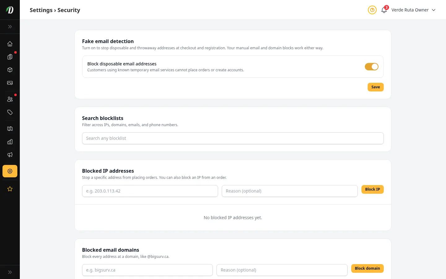 DabDash security settings showing disposable email detection and searchable IP, domain, email, and phone blocklists