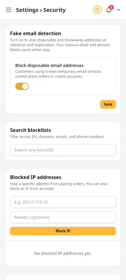 DabDash security settings showing disposable email detection and searchable IP, domain, email, and phone blocklists