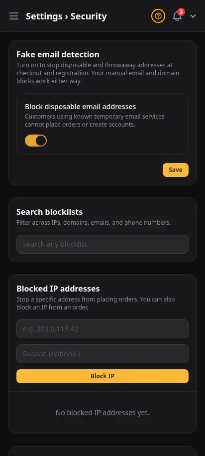DabDash security settings showing disposable email detection and searchable IP, domain, email, and phone blocklists