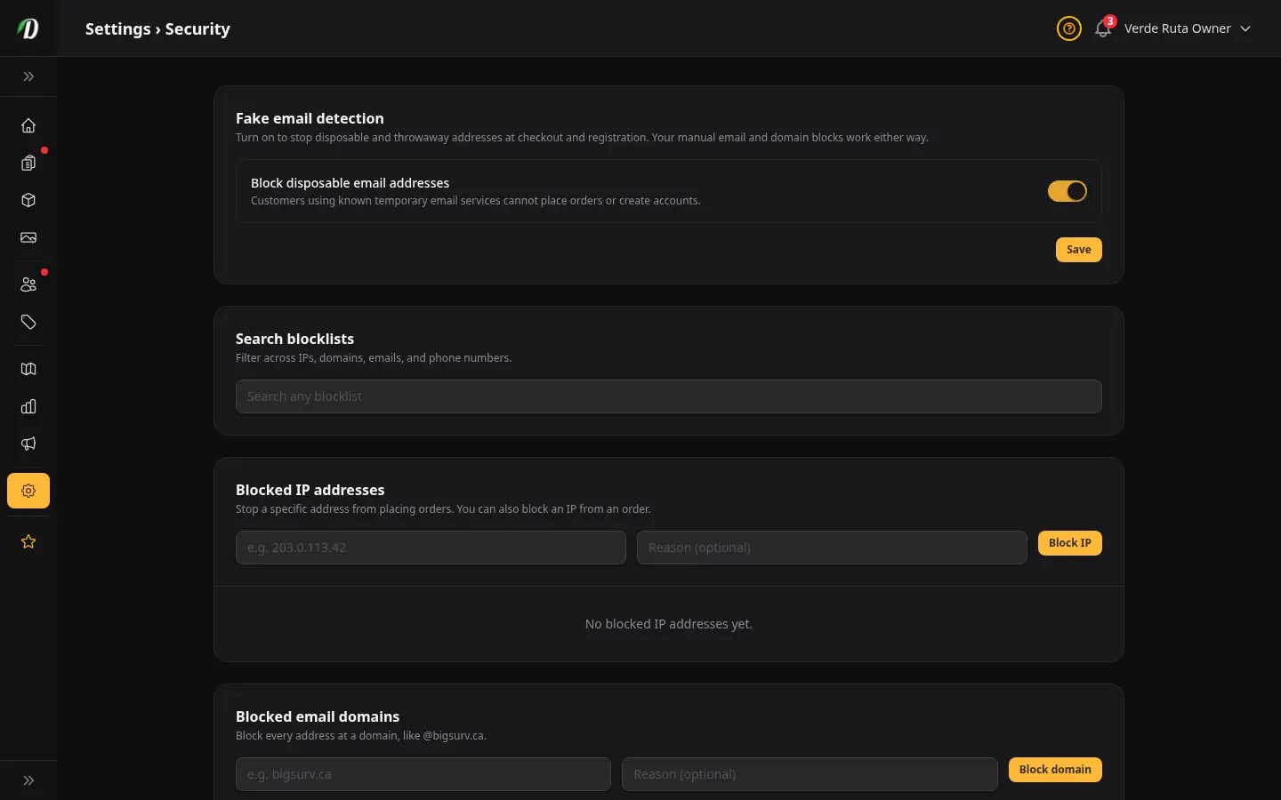 DabDash security settings showing disposable email detection and searchable IP, domain, email, and phone blocklists