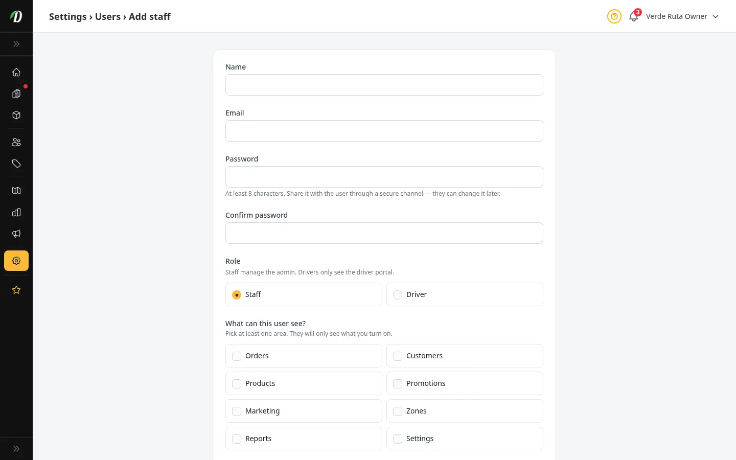 DabDash add staff user form showing name, email, password, and per-area permission checkboxes