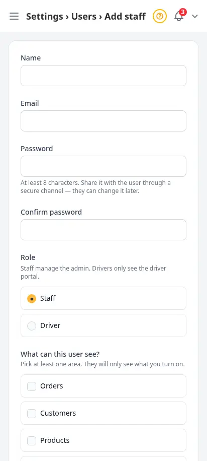DabDash add staff user form showing name, email, password, and per-area permission checkboxes — mobile view