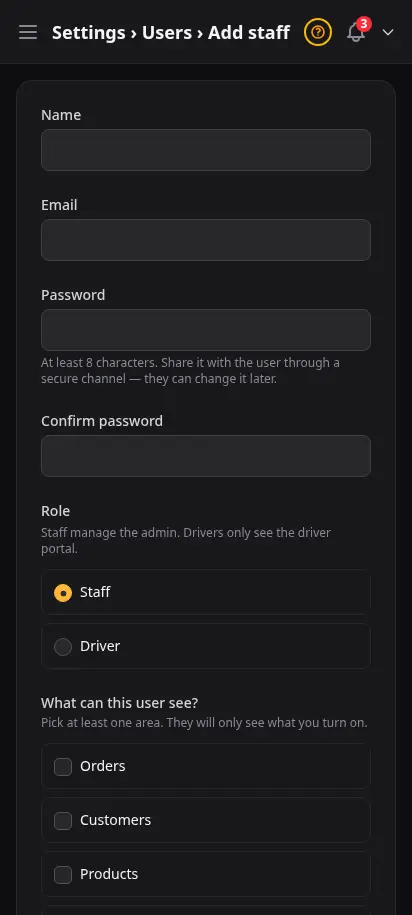 DabDash add staff user form showing name, email, password, and per-area permission checkboxes — mobile view