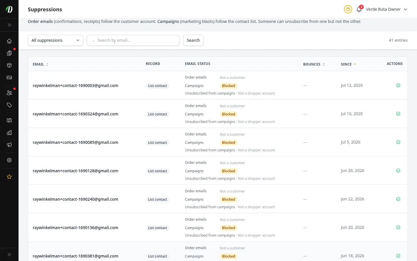 DabDash suppressions page showing blocked emails with bounce counts, sources, and lift actions