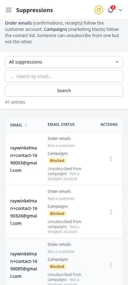 DabDash suppressions page showing blocked emails with bounce counts, sources, and lift actions