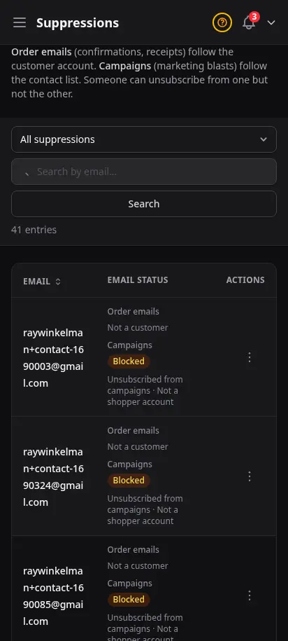 DabDash suppressions page showing blocked emails with bounce counts, sources, and lift actions