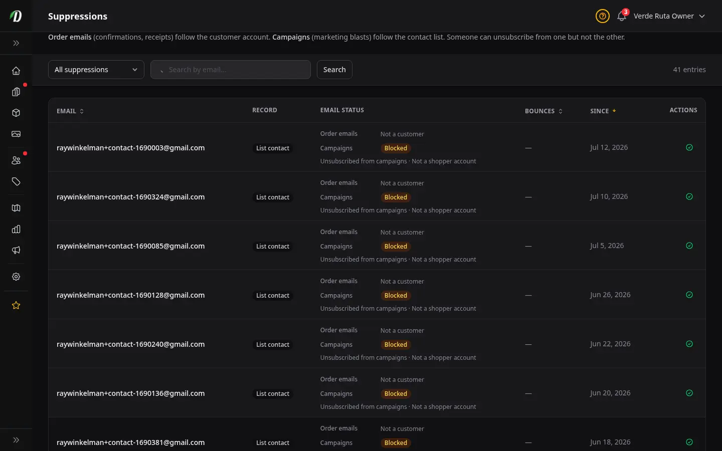 DabDash suppressions page showing blocked emails with bounce counts, sources, and lift actions