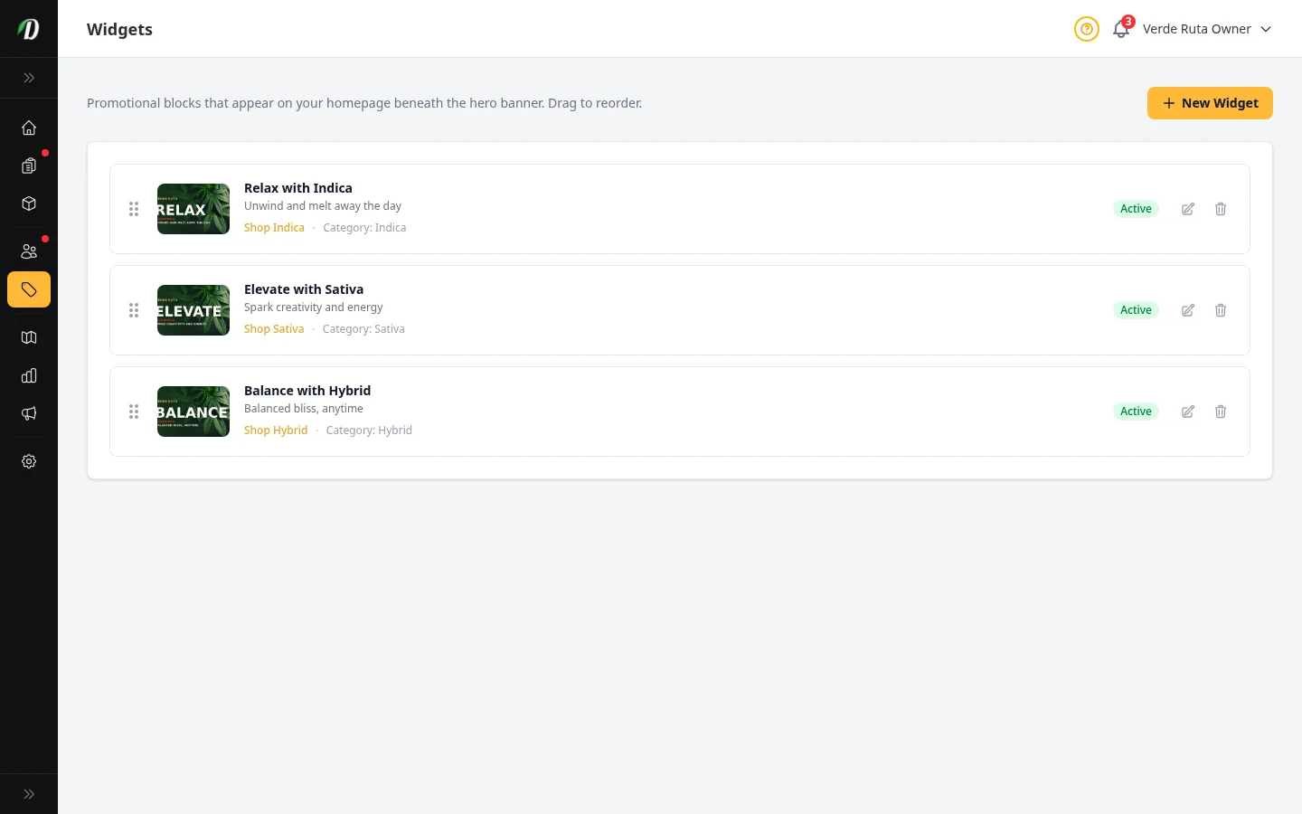 DabDash widget list showing homepage promo cards with images, links, and active status