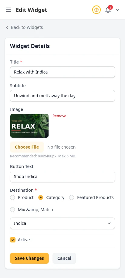 DabDash widget editor showing title, image, button text, destination, and visibility controls — mobile view