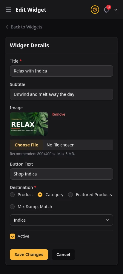 DabDash widget editor showing title, image, button text, destination, and visibility controls — mobile view