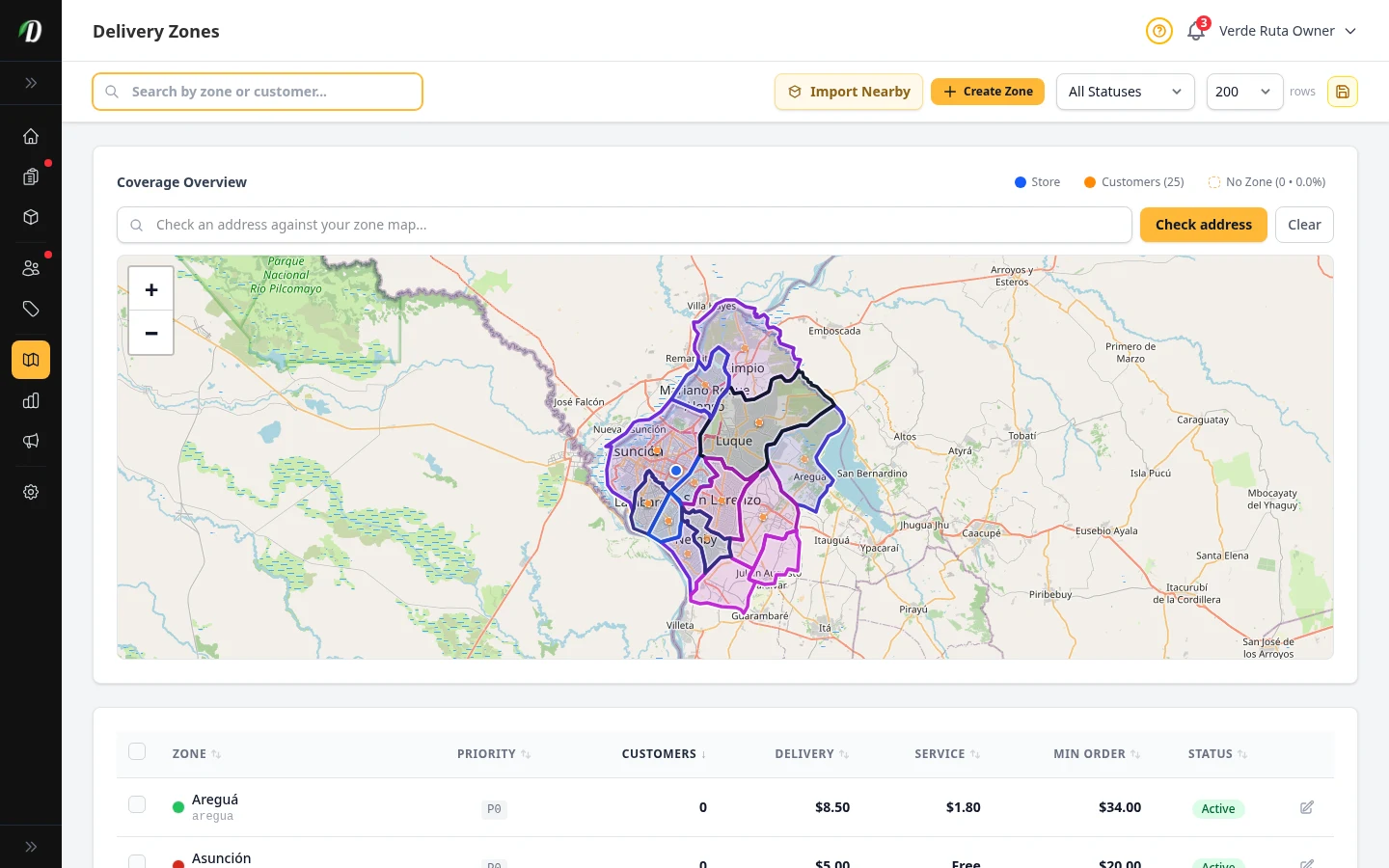 DabDash delivery zones page showing existing zones, fees, minimums, and coverage details