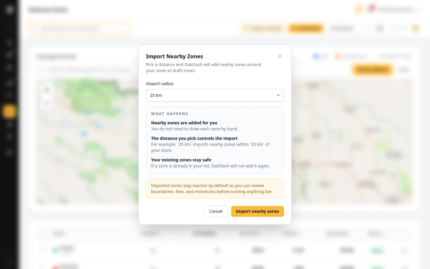 DabDash one-click nearby zone import modal showing radius-based draft delivery zone setup