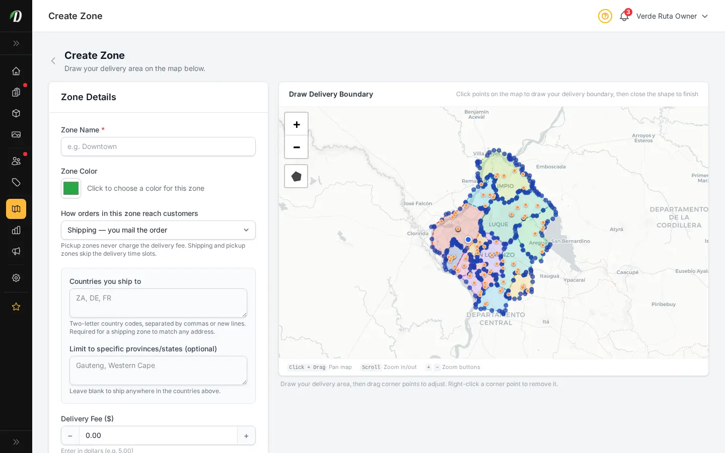 DabDash zone creation form with Shipping selected under How orders in this zone reach customers, showing the Countries you ship to and provinces/states fields instead of a map boundary